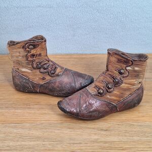 Antique Victorian Baby Boots High-Top Button Brown Leather Textile Pair Vintage